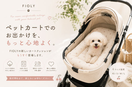 ペットカートでのお出かけを、もっと心地よく。FIOLYの新しいカートクッションがもうすぐ登場します