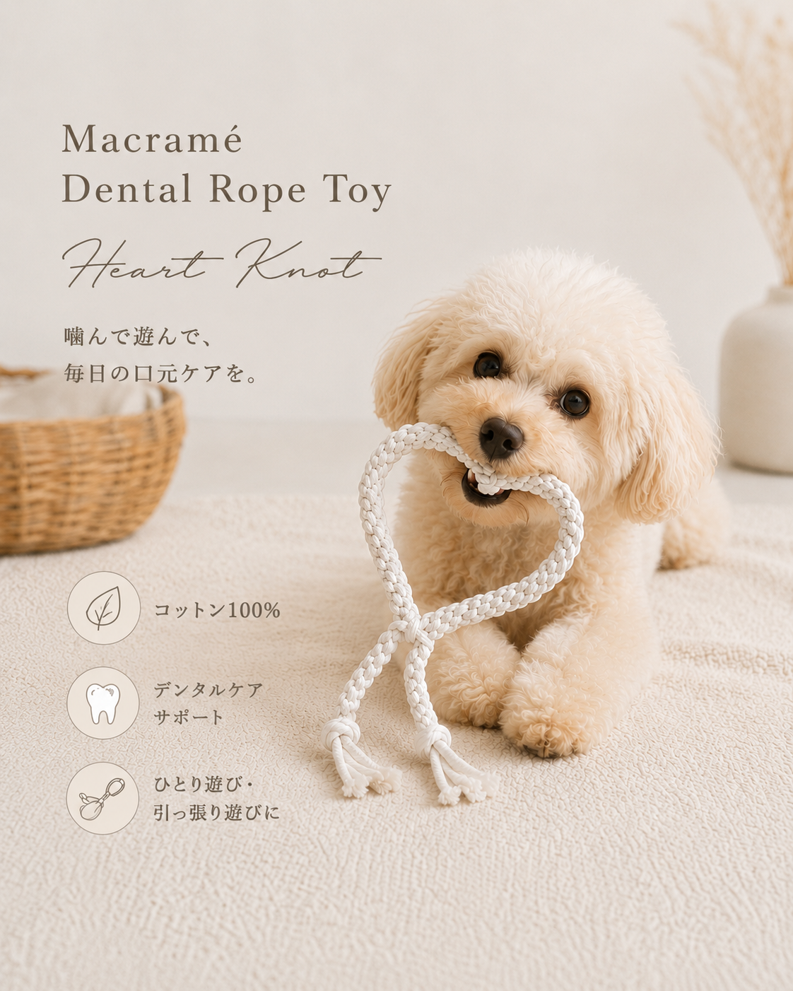 Macramé Dental Rope Toy - マクラメデンタルロープトイ - Heart Knot｜送料無料｜2サイズ展開（S・M）