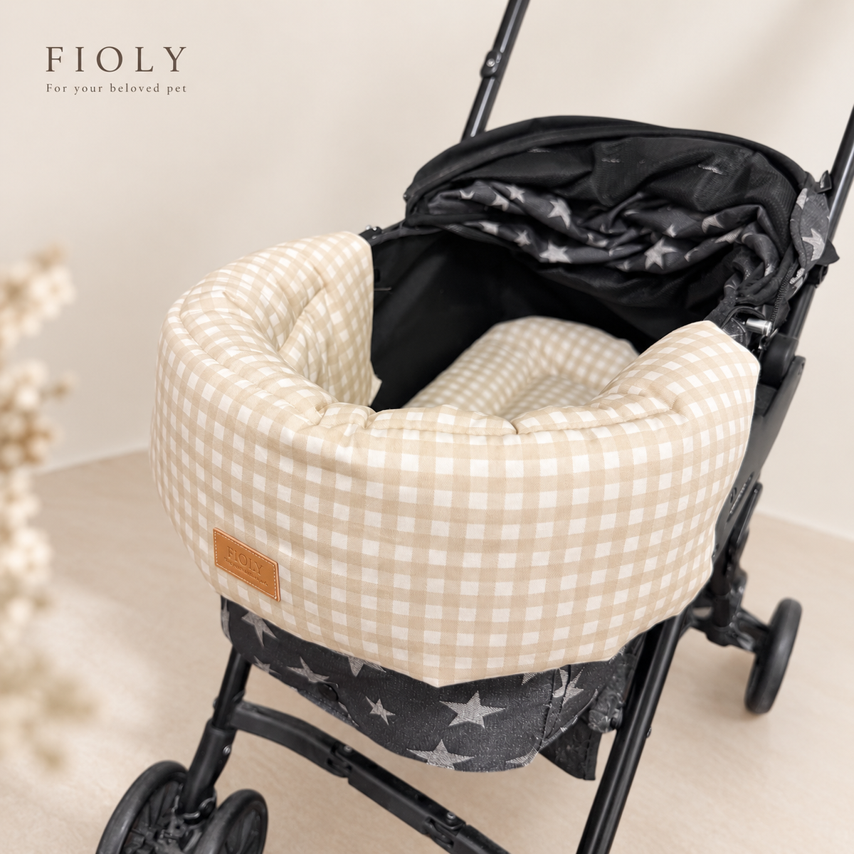 Gingham Check Cart Chin Rest Cushion｜ペットカート用あごのせクッション｜Beige / Brown｜送料無料