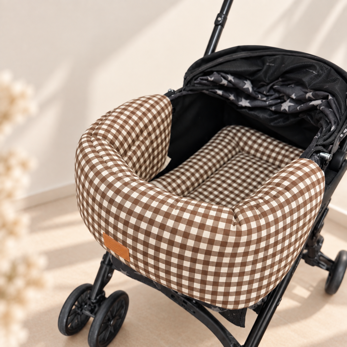 Gingham Check Cart Chin Rest Cushion｜ペットカート用あごのせクッション｜Beige / Brown｜送料無料