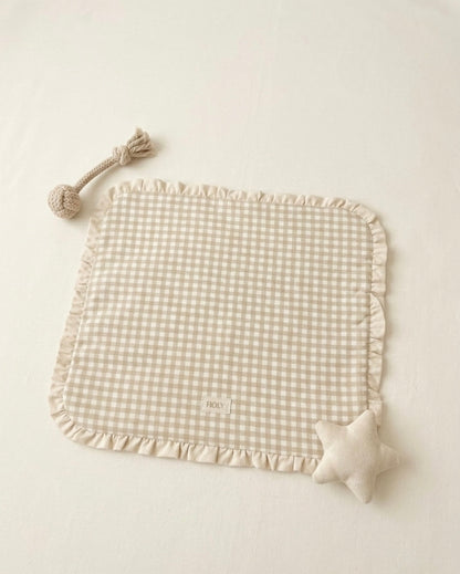 FIOLY カフェマット　ギンガムチェック柄　ベージュ｜綿100％・洗濯OK｜フリルあり／なし｜送料無料