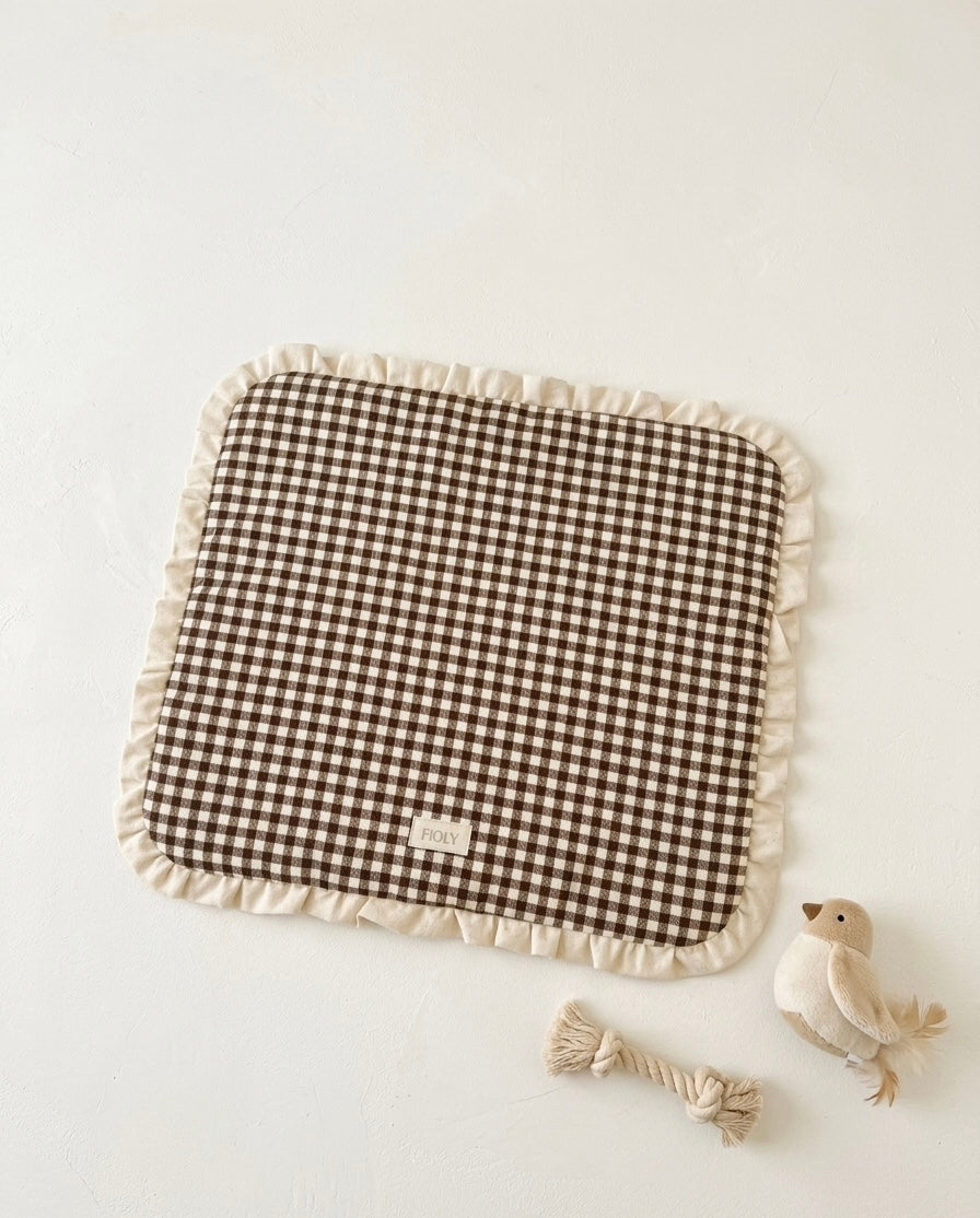 FIOLY カフェマット　ギンガムチェック柄　ブラウン 全２色　フリルあり／なし｜送料無料